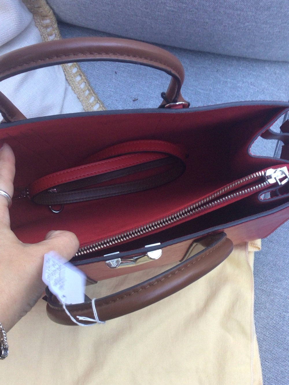 Louis Vuitton Red and Brown Leather Satchel with Navy Tag - Picture 6 of 7